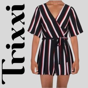 Trixxi Black Striped Tie Waist Short Sleeve V-Neck Romper